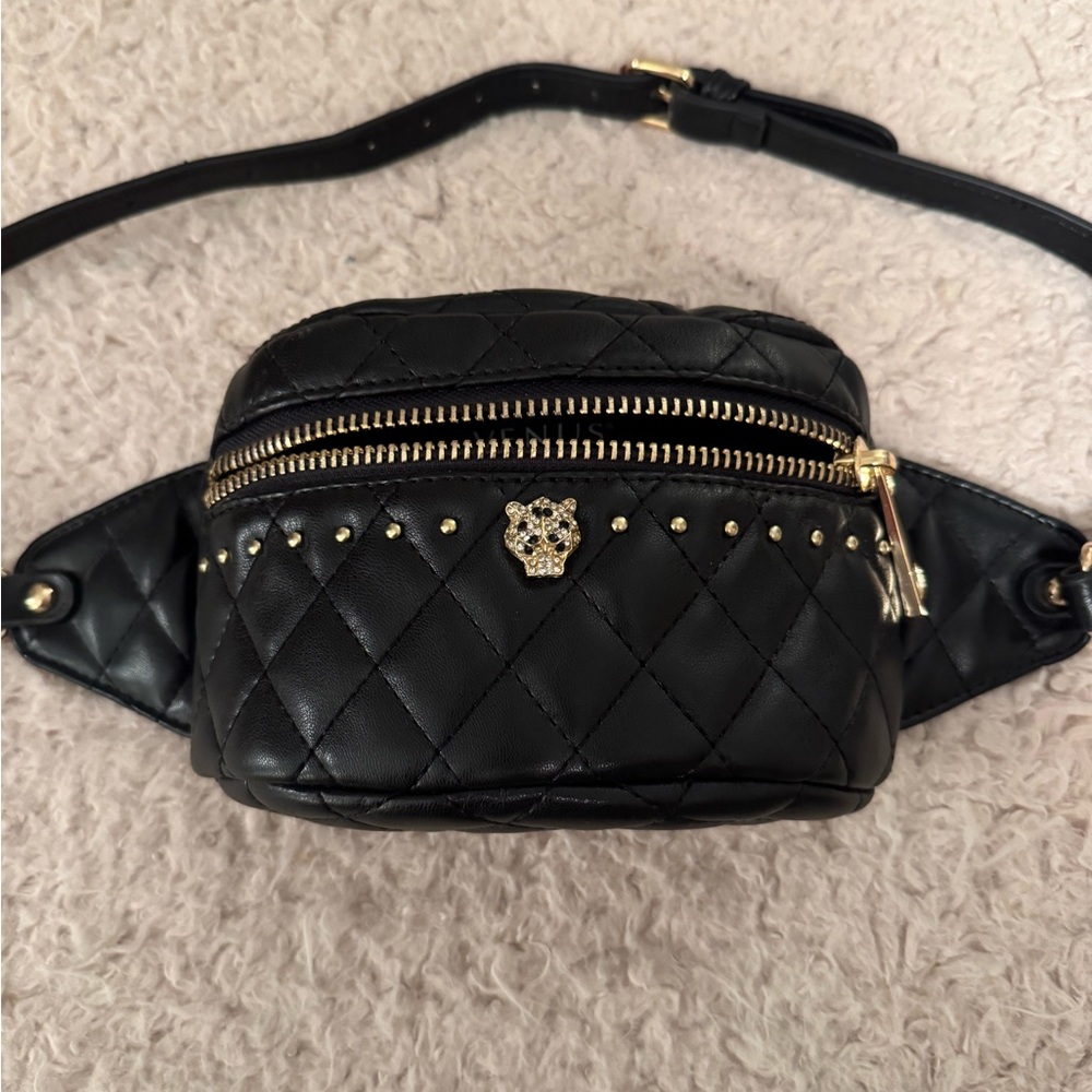 VENUS Black Quilted Women's Belt Bag with Gold Accents